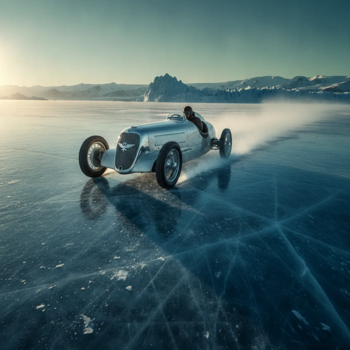 1930s vintage cars racing on a frozen glacier lake